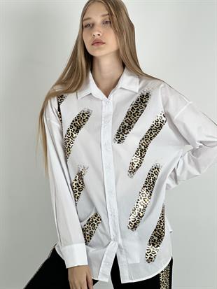Kadın Leopar Varak Desenli Oversize Gömlek - Beyaz