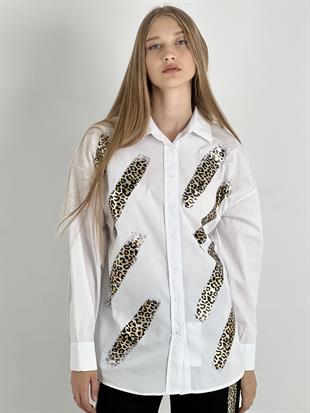 Kadın Leopar Varak Desenli Oversize Gömlek - Beyaz