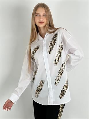Kadın Leopar Varak Desenli Oversize Gömlek - Beyaz