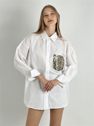 Kadın Leopar Varaklı Cep Detaylı Oversize Gömlek - Beyaz