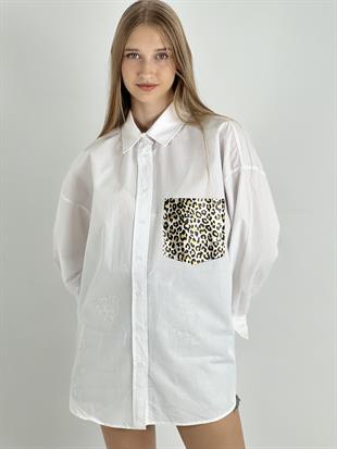Kadın Leopar Varaklı Cep Detaylı Oversize Gömlek - Beyaz