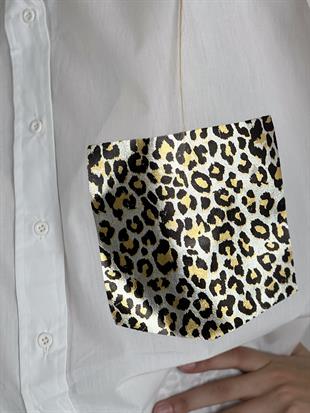 Kadın Leopar Varaklı Cep Detaylı Oversize Gömlek - Beyaz