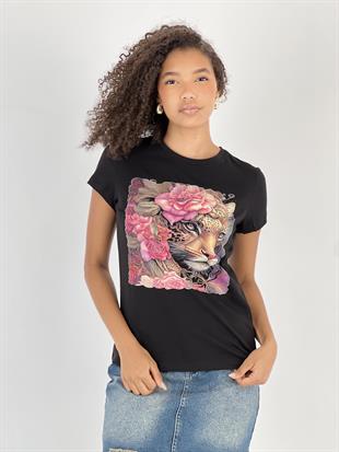 Kadın Leopar ve Gül Desenli Siyah T-Shirt