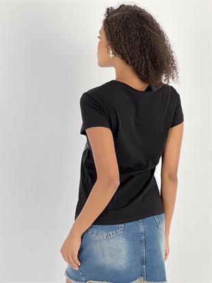 Kadın Leopar ve Gül Desenli Siyah T-Shirt