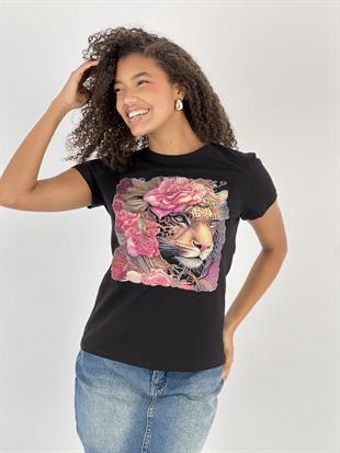 Kadın Leopar ve Gül Desenli Siyah T-Shirt