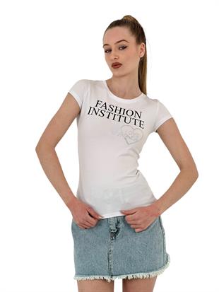 Kadın Love Taşlı Baskılı Kısa Kol Dar Beyaz Tişört