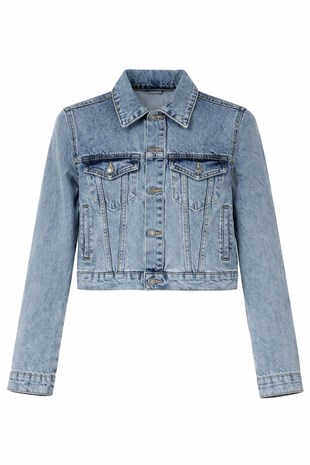 Kadın Mavi %100 Pamuk Crop Jean Ceket