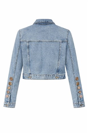 Kadın Mavi %100 Pamuk Crop Jean Ceket