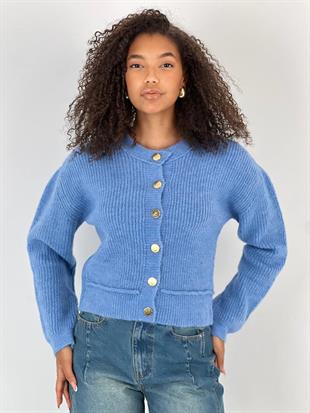 Kadın Mavi Gold Düğmeli Selanik Örgü Triko Hırka