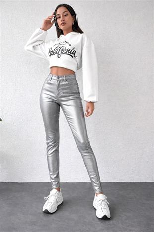 Kadın Metalik Gümüş Denim Esnek Dar Paça Pantolon