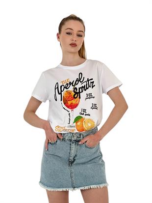 Kadın Meyve Baskılı Kısa Kollu Yazlık Beyaz Tişört