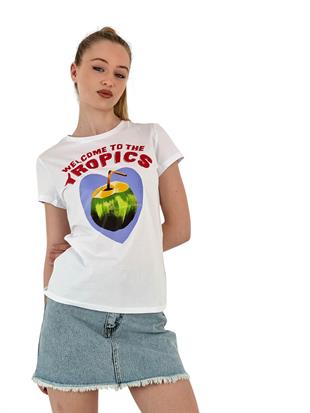 Kadın Meyve Baskılı Kısa Kollu Yazlık Siyah Tişört