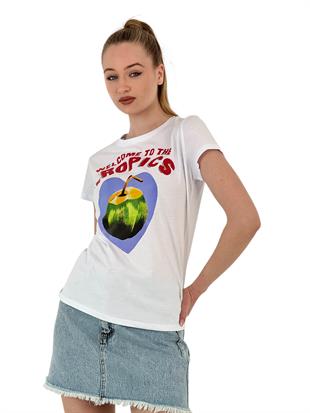 Kadın Meyve Baskılı Kısa Kollu Yazlık Siyah Tişört