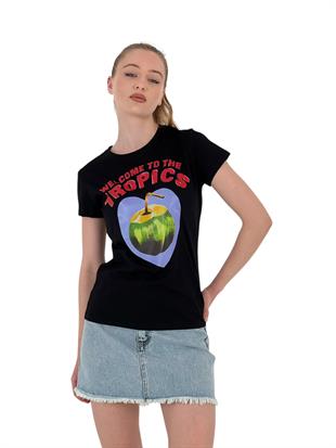 Kadın Meyve Baskılı Kısa Kollu Yazlık Siyah Tişört