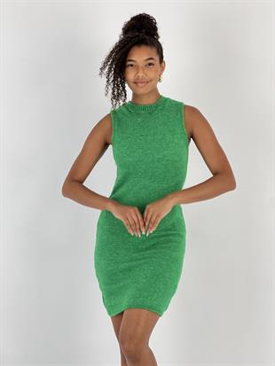 Kadın Mini Boy Bisiklet Yaka Kolsuz Yeşil Triko Elbise
