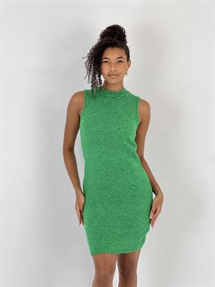 Kadın Mini Boy Bisiklet Yaka Kolsuz Yeşil Triko Elbise