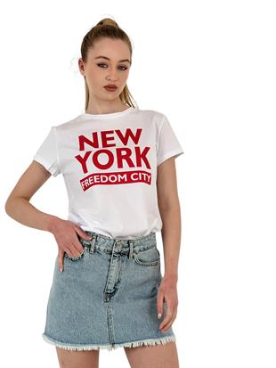 Kadın New York Baskı Kısa Kol Yazlık Beyaz Tişört