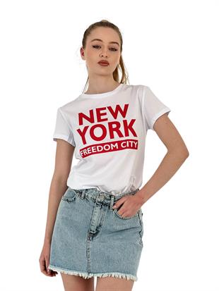 Kadın New York Baskı Kısa Kol Yazlık Beyaz Tişört