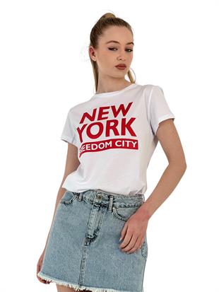 Kadın New York Baskı Kısa Kol Yazlık Beyaz Tişört