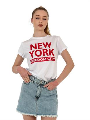 Kadın New York Baskı Kısa Kol Yazlık Beyaz Tişört