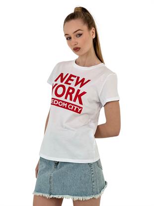 Kadın New York Baskı Kısa Kol Yazlık Beyaz Tişört