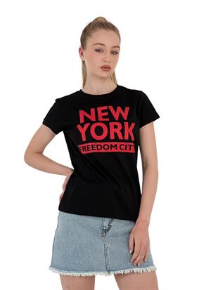 Kadın New York Baskı Kısa Kol Yazlık Siyah Tişört