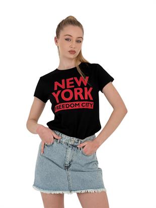 Kadın New York Baskı Kısa Kol Yazlık Siyah Tişört