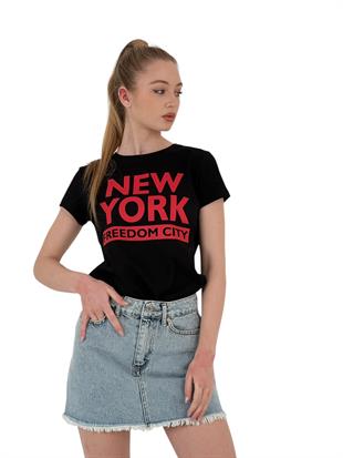 Kadın New York Baskı Kısa Kol Yazlık Siyah Tişört