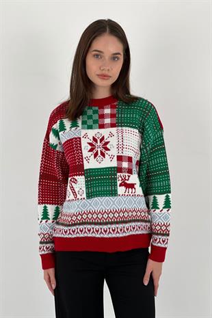 Kadın Noel Ve Yılbaşı Temalı Uzun Kışlık Kırmızı Triko Kazak