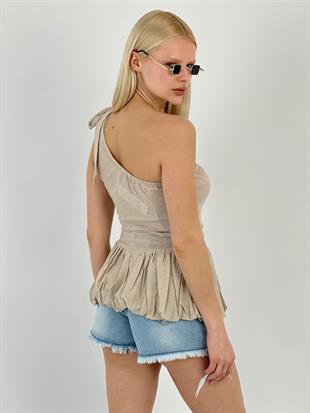 Kadın Omuzdan Bağlamalı Çizgili Bej Tişört