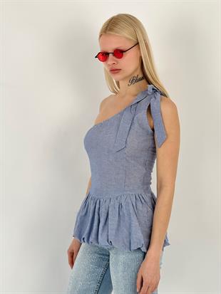 Kadın Omuzdan Bağlamalı Çizgili İndigo Tişört