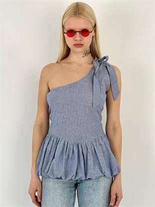 Kadın Omuzdan Bağlamalı Çizgili İndigo Tişört