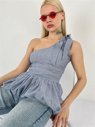 Kadın Omuzdan Bağlamalı Çizgili İndigo Tişört