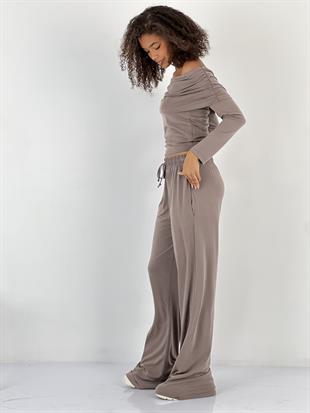 Kadın Omuzları Açık Bej İkili Takım