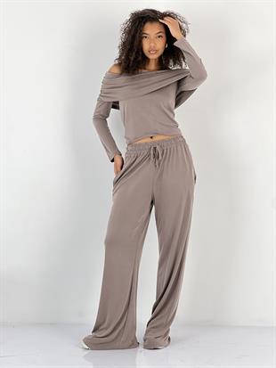 Kadın Omuzları Açık Bej İkili Takım