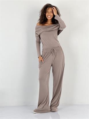 Kadın Omuzları Açık Bej İkili Takım