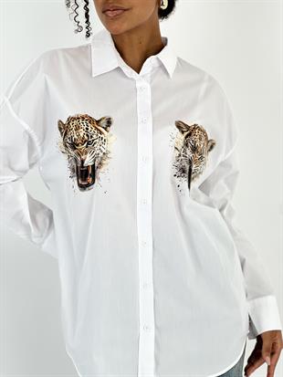 Kadın Ön Arka Leopar Baskılı Beyaz Gömlek
