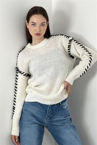 KADIN ÖN KORDON İŞLEME DETAYLI TRİKO KAZAK EKRU