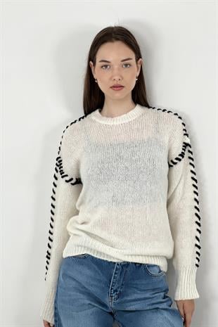 KADIN ÖN KORDON İŞLEME DETAYLI TRİKO KAZAK EKRU