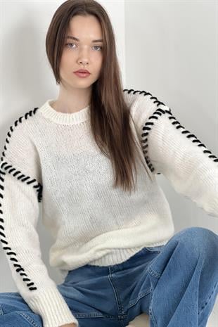 KADIN ÖN KORDON İŞLEME DETAYLI TRİKO KAZAK EKRU