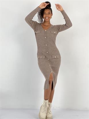 Kadın Önden Düğmeli V Yaka Midi Boy Vizon Elbise