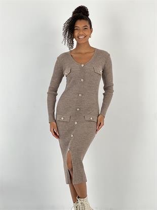 Kadın Önden Düğmeli V Yaka Midi Boy Vizon Elbise