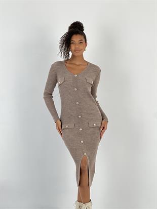 Kadın Önden Düğmeli V Yaka Midi Boy Vizon Elbise