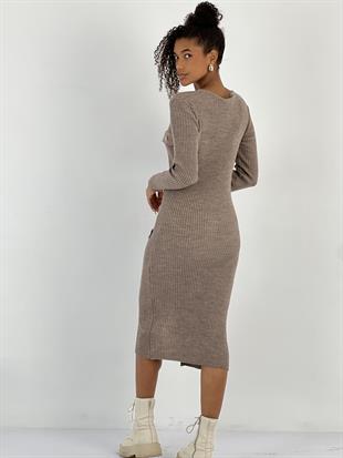 Kadın Önden Düğmeli V Yaka Midi Boy Vizon Elbise