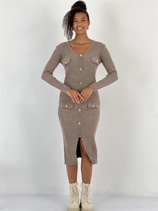 Kadın Önden Düğmeli V Yaka Midi Boy Vizon Elbise