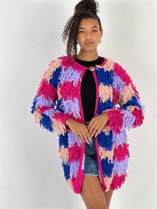 Kadın Önü Açık Tek Düğmeli Renkli Püsküllü Pudra Hırka