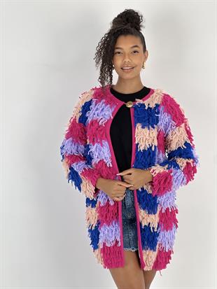 Kadın Önü Açık Tek Düğmeli Renkli Püsküllü Pudra Hırka