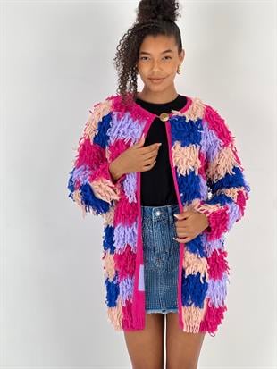 Kadın Önü Açık Tek Düğmeli Renkli Püsküllü Pudra Hırka