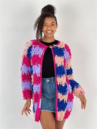 Kadın Önü Açık Tek Düğmeli Renkli Püsküllü Pudra Hırka