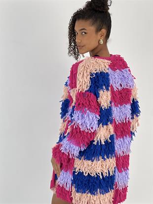 Kadın Önü Açık Tek Düğmeli Renkli Püsküllü Pudra Hırka